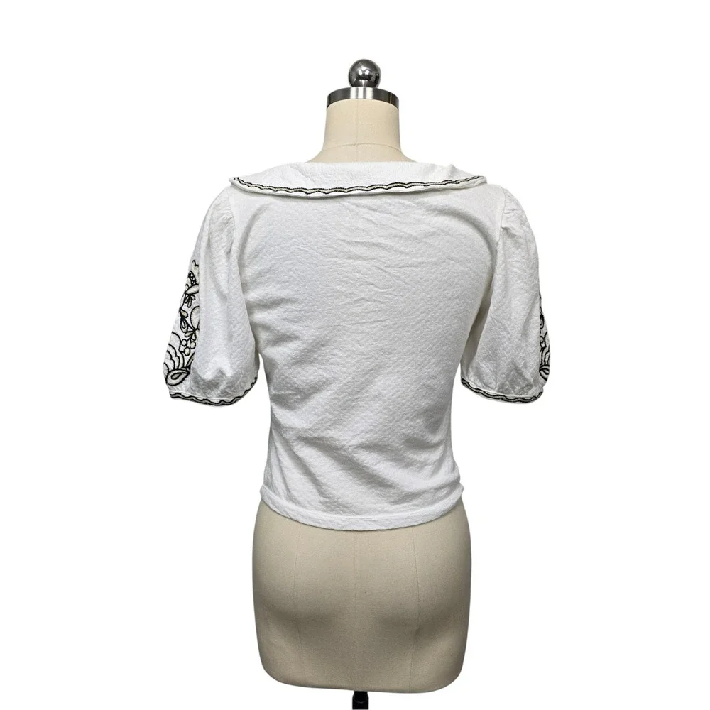 Anthropologie Embroidered Puff Sleeve Cropped Top White Square Neck Womens Small